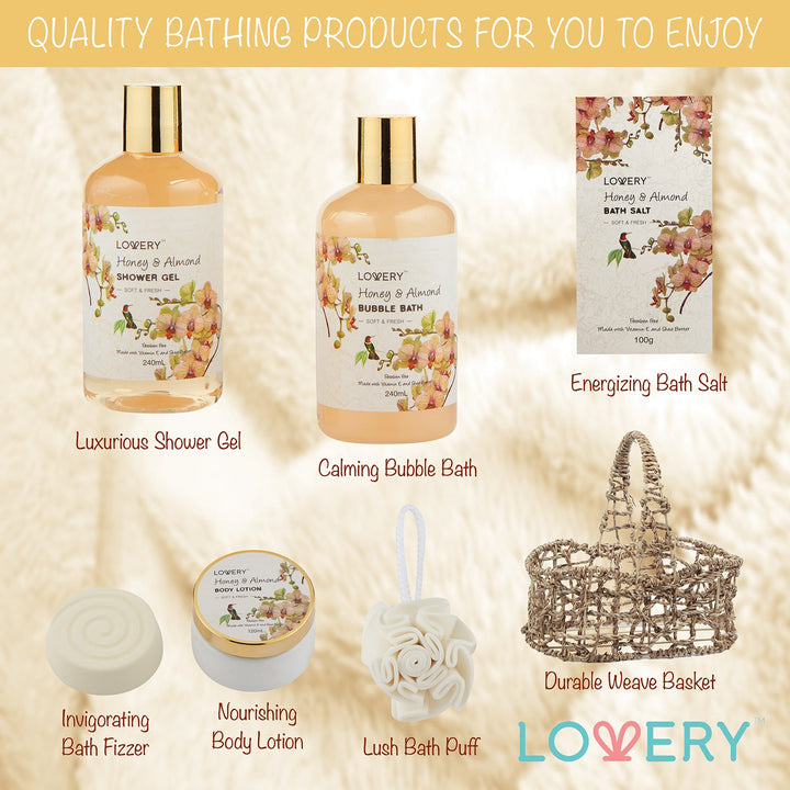 Womens Gifts for Christmas Gift Baskets for Women Who Have Everything, Home Spa Honey &amp; Almond Scent - Luxury Bath &amp; Body Set With Shower Gel, Bubble Bath, Body Lotion, Bath Salt, Bath Bomb, Bath Puff