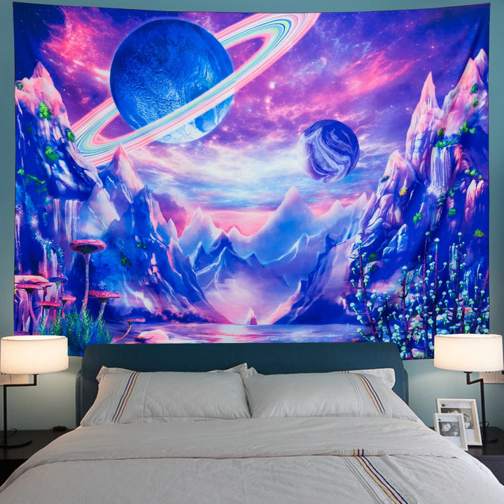Blacklight Planet Tapestry UV Reactive Galaxy Space Tapestry Mountain Black light Tapestries Neon Aesthetic Tapestry for Bedroom Living Room (Blacklight Planet, 39.4 × 52.4 inches)