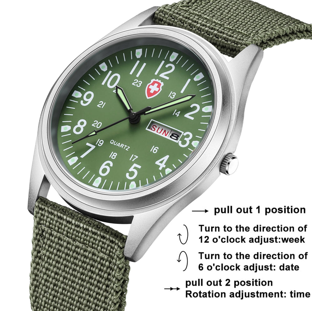 Unisex Military Watches Sport Textile Nylon Strap Luminous Fashion Watch Analog Display Quartz Waterproof Casual Wristwatch (Green 2)