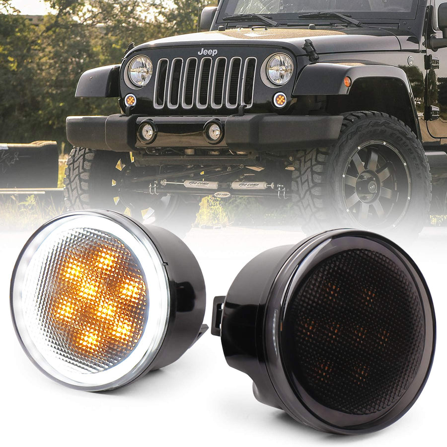 JK Turn Signal Lights White Halo Amber LED Smoke Lens Front Grille Parking Lights for 2007-2018 Jeep Wrangler JK & JK Unlimited