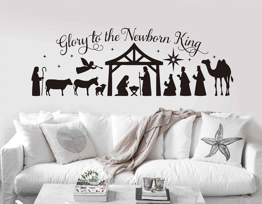 Merry Christmas Wall Stickers Glory to The Newborn King Nativity Scene DIY Christmas Holiday Decoration LL2421 (Black)