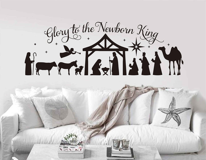 Merry Christmas Wall Stickers Glory to The Newborn King Nativity Scene DIY Christmas Holiday Decoration LL2421 (Black)