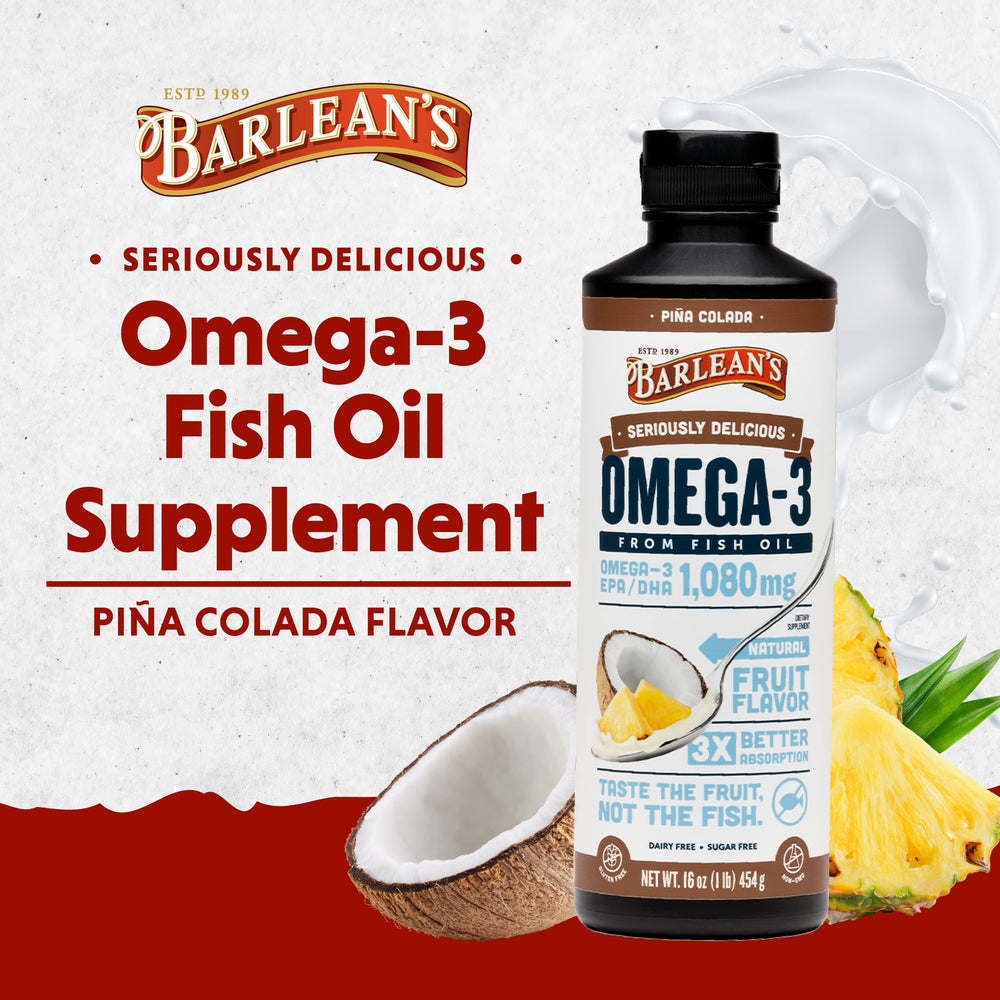 Omega 3 Fish Oil Liquid Supplement with Vitamin D, Pina Colada, 1080mg EPA and DHA Fatty Acid, 16 oz