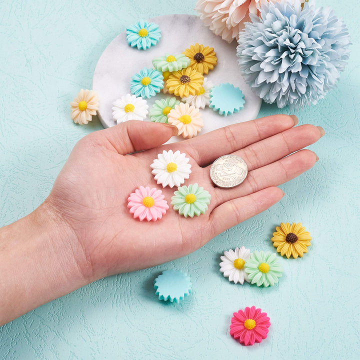 20Pcs Flatback Resin Daisy Flower Cabochons Deco 23x22mm Random Mixed Colors Undrilled Floral Cameo Charms for Scrapbooking Embellishments Craft Jewelry Making