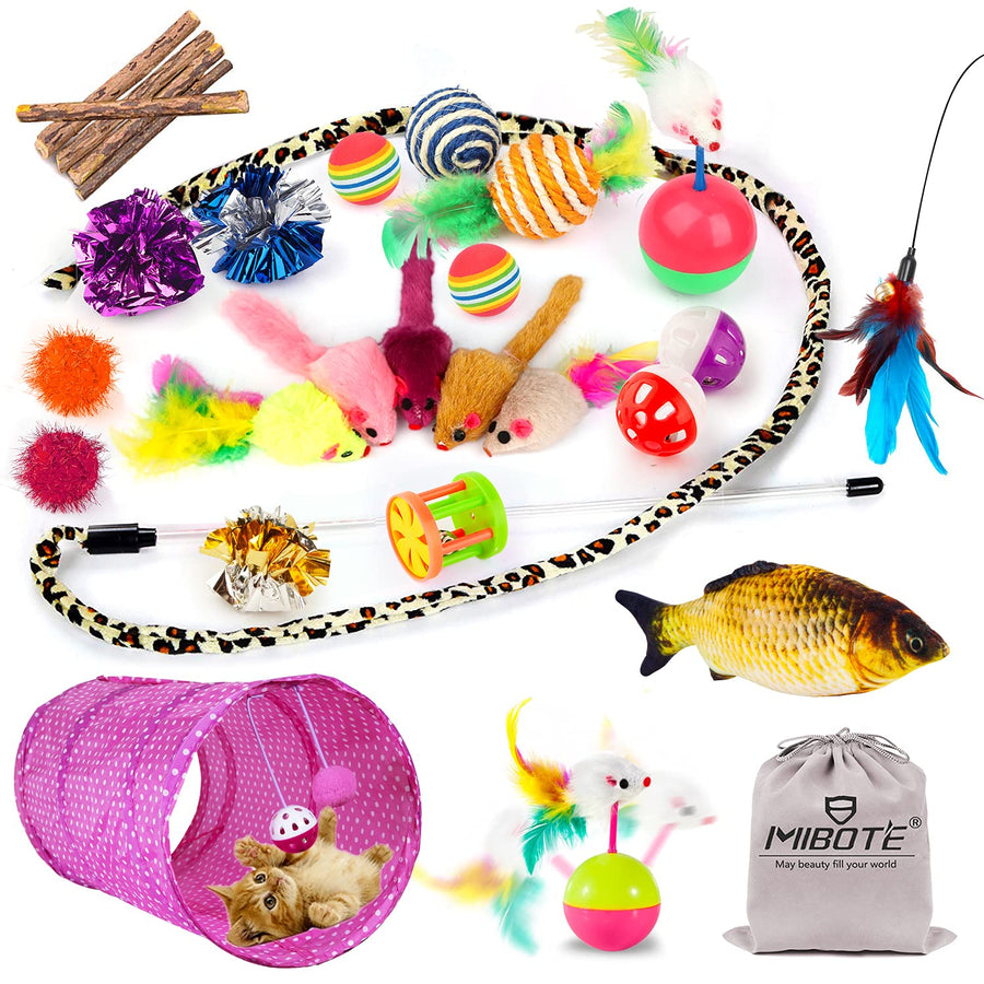 28Pcs Cat Toys Kitten Toys Assorted, Cat Tunnel Catnip Fish Feather Teaser Wand Fish Fluffy Mouse Mice Balls and Bells Toys for Indoor Cat Puppy Kitty Interactive Cat Toy Set