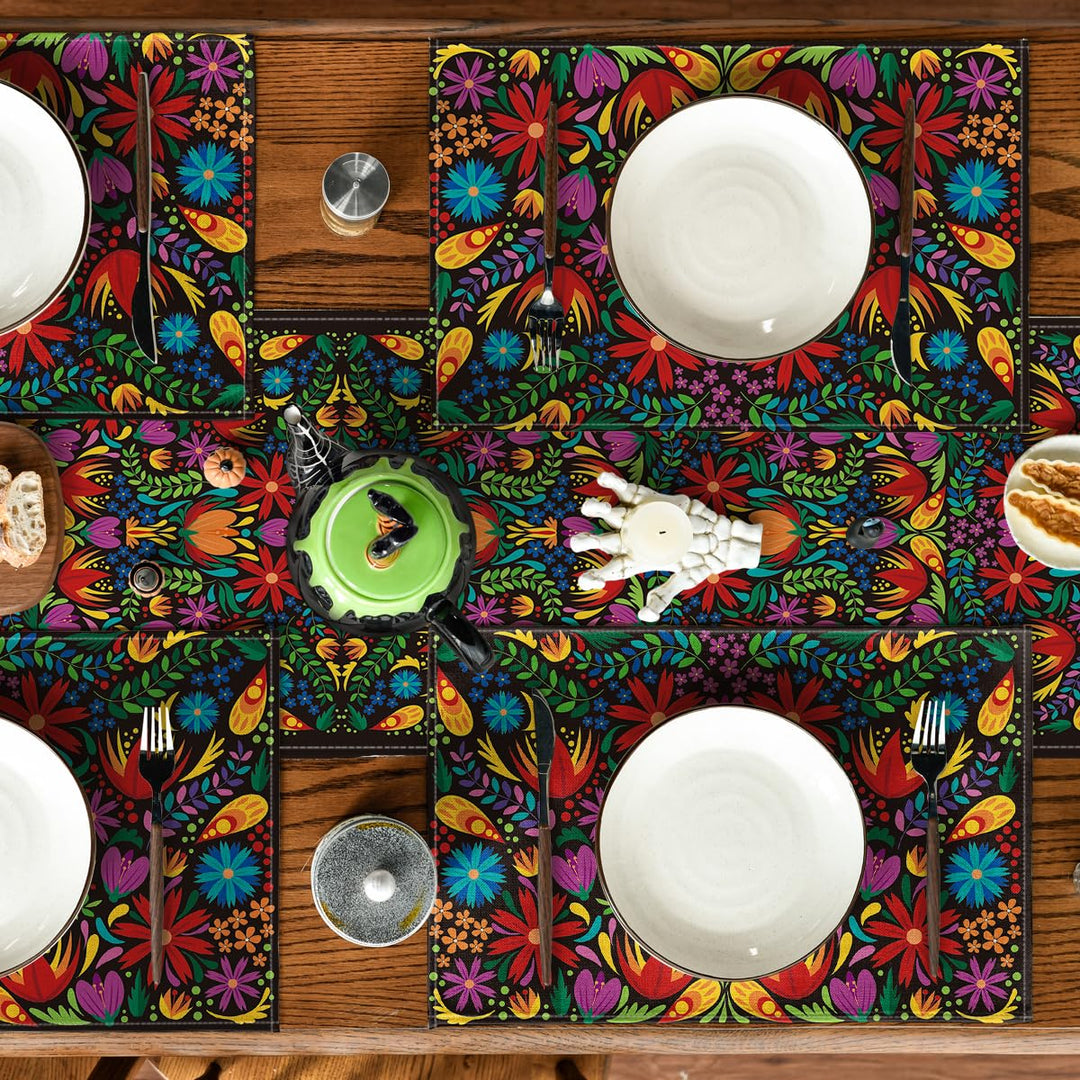 Mexican Cinco De Mayo Placemats for Dining Table, 12 x 18 Inch Floral Fiesta Dia De Los Muertos Decoration Washable Table Mats Set of 4