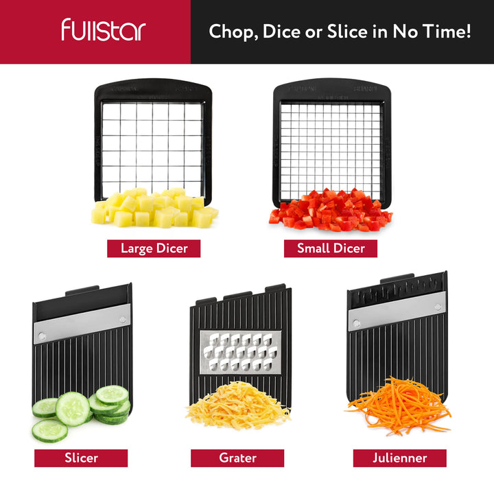 Fullstar All-in-1 Vegetable Chopper, Mandoline Slicer &amp; Cheese Grater - French Fry Cutter &amp; Veggie Dicer - Cheese Slicer - Includes Bonus Handheld Spiralizer (6 in 1, Black/White)