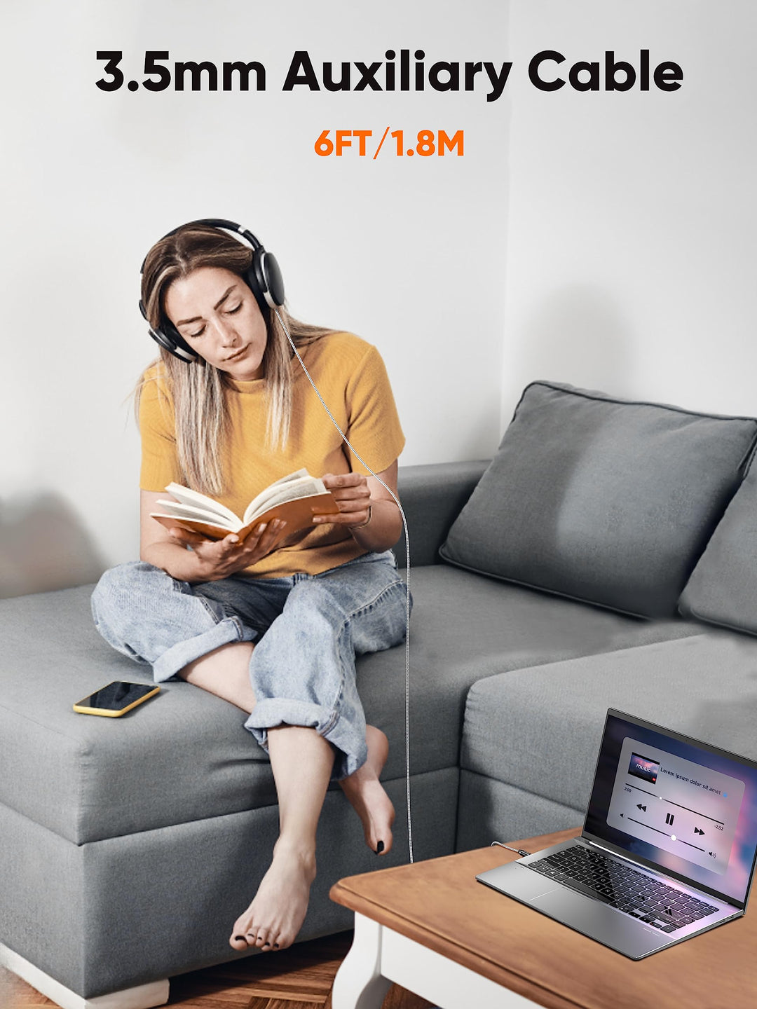 Aux Cable (6FT/1.8M), 3.5mm Audio Cable Male to Male, 1/8 inch Auxiliary Stereo Jack Cord for Headphone, Phone, Car Stereos, Speaker and More(with Aux Port)