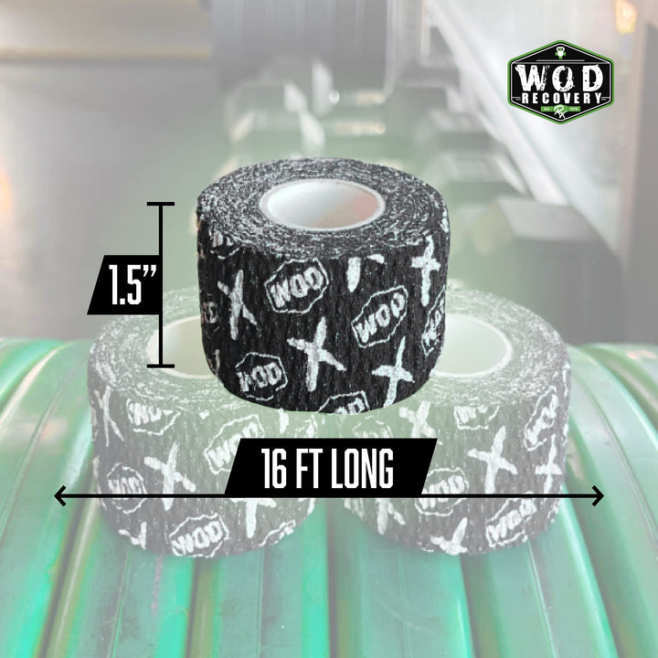 WOD Recovery Hook Grip Weightlifting Tape - Sweatproof &amp; Chalk-Resistant, Adhesive Wrap for Thumb, Fingers, &amp; Hands - Black/White, 1.5 Inches x 16 Feet