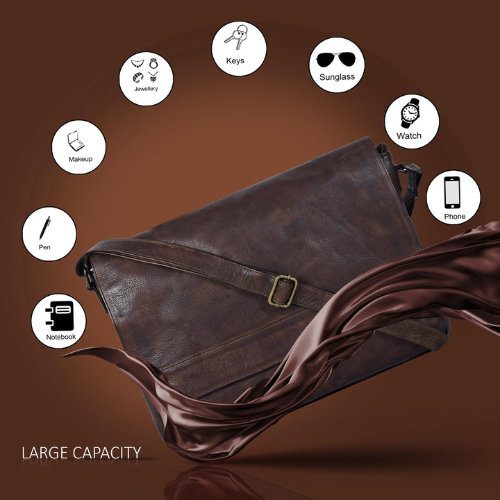 Handmade Crossbody Genuine Leather Messenger Bag for 17 inch Laptop, Travel, Office for Men &amp; Women