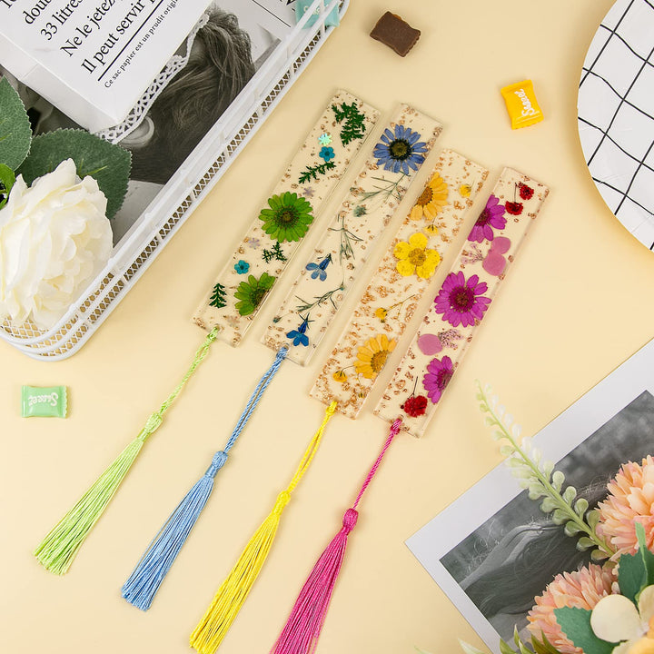4pcs Dried Flower Bookmarks Handmade Transparent Bookmarks for Dried Flowers with Tassels (Style C)
