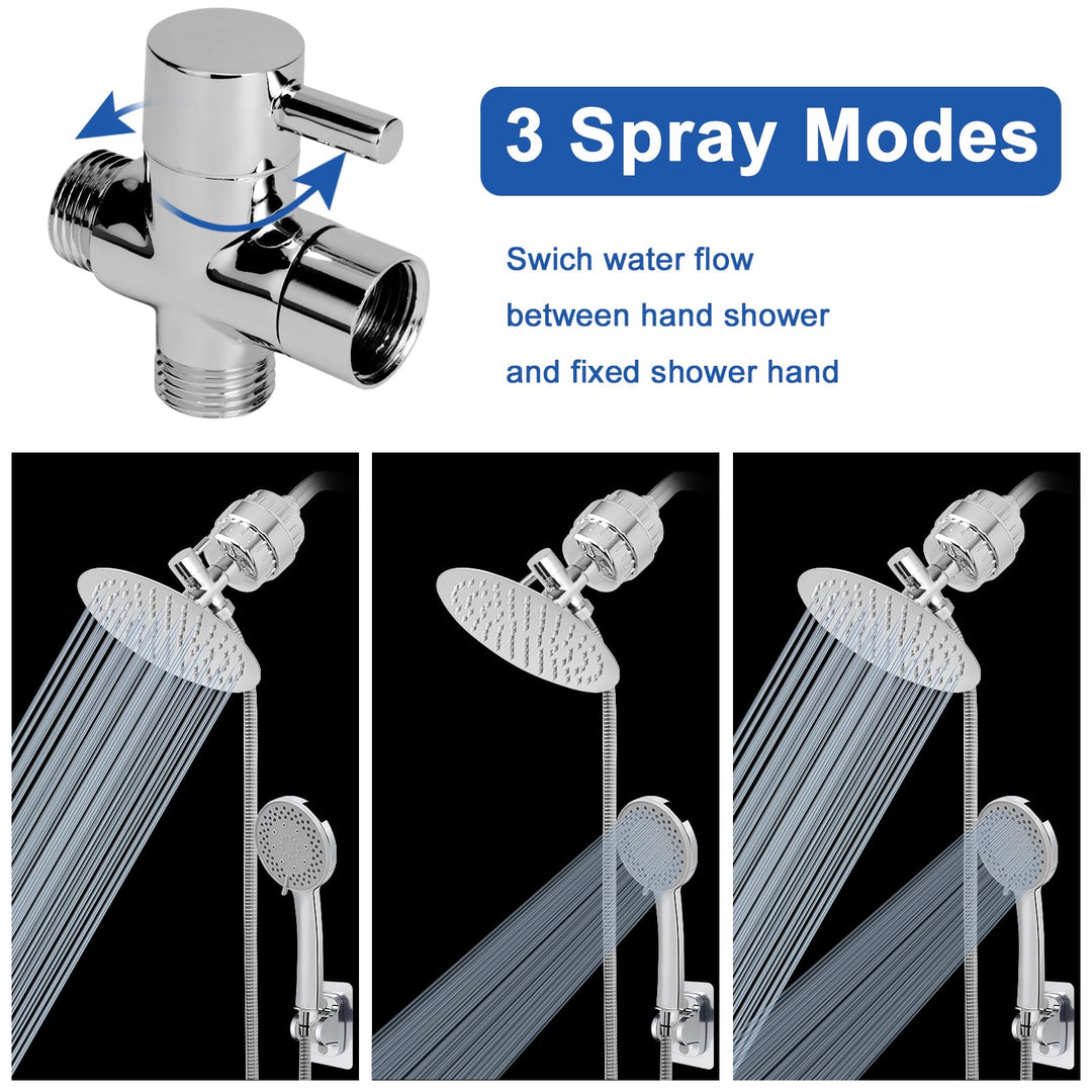 Filtered Shower Head, High Pressure 8Round Rain Shower Head and 5 settings Handheld Shower Filter Combo with Self-adhesive Holder/1.5M Hose -1 Replaceable Filter Cartridge (Chrome Finish)