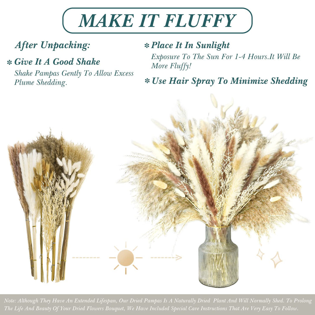 Dried Pampas Grass Decor 145 PCS 17Inch 43cm Natural Dried Pampas Grass Bouquet Boho Home Decor Bunny Tail Grass Brown Rabbit Pampas Reed Grass Fluffy Stem White Pompous Plants Decor Flower