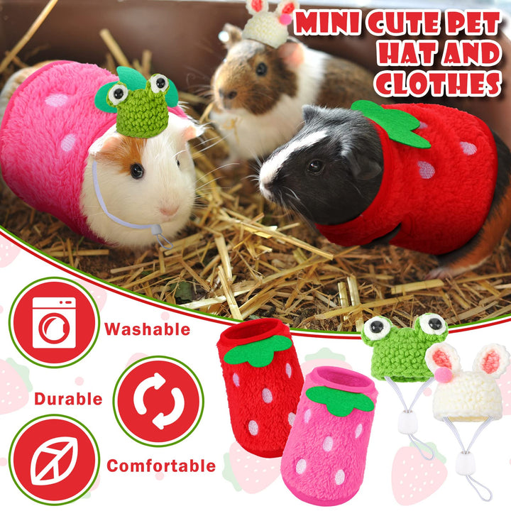 Mixweer 4 Pieces Guinea Pig Stuff Includes 2 Guinea Pig Clothes and 2 Cute Mini Hats with Adjustable Strap Small Animal Warm Vest Cozy Hand Knitted Hat for Guinea Pig Hamster Bunny (Frog Style)