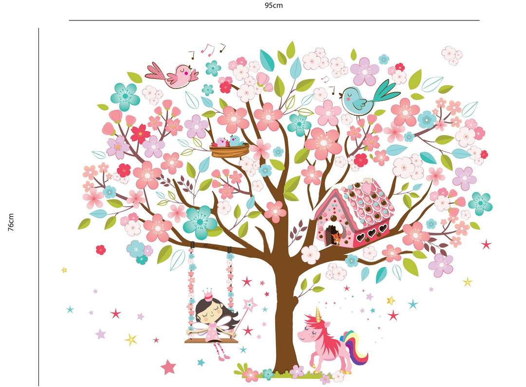 Kath &amp; Cath Unicorn Wall Decal, Pink Fairy Cherry Blossom Tree Wall Sticker for Girls Kids Bedroom Play Room Wall Mural Wall Home Decoration