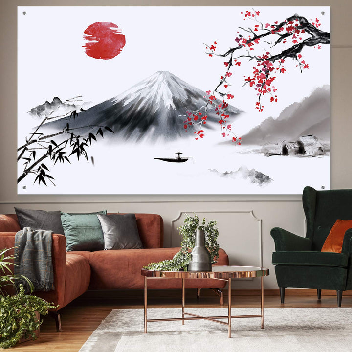 Japanese Wall Hanging Photo Banner Asian Mount Fuji Red Sun Backdrop Japanese Landscape Nature Background for Japanese Party Wall Home Decorations, 72.8 x 43.3 Inch