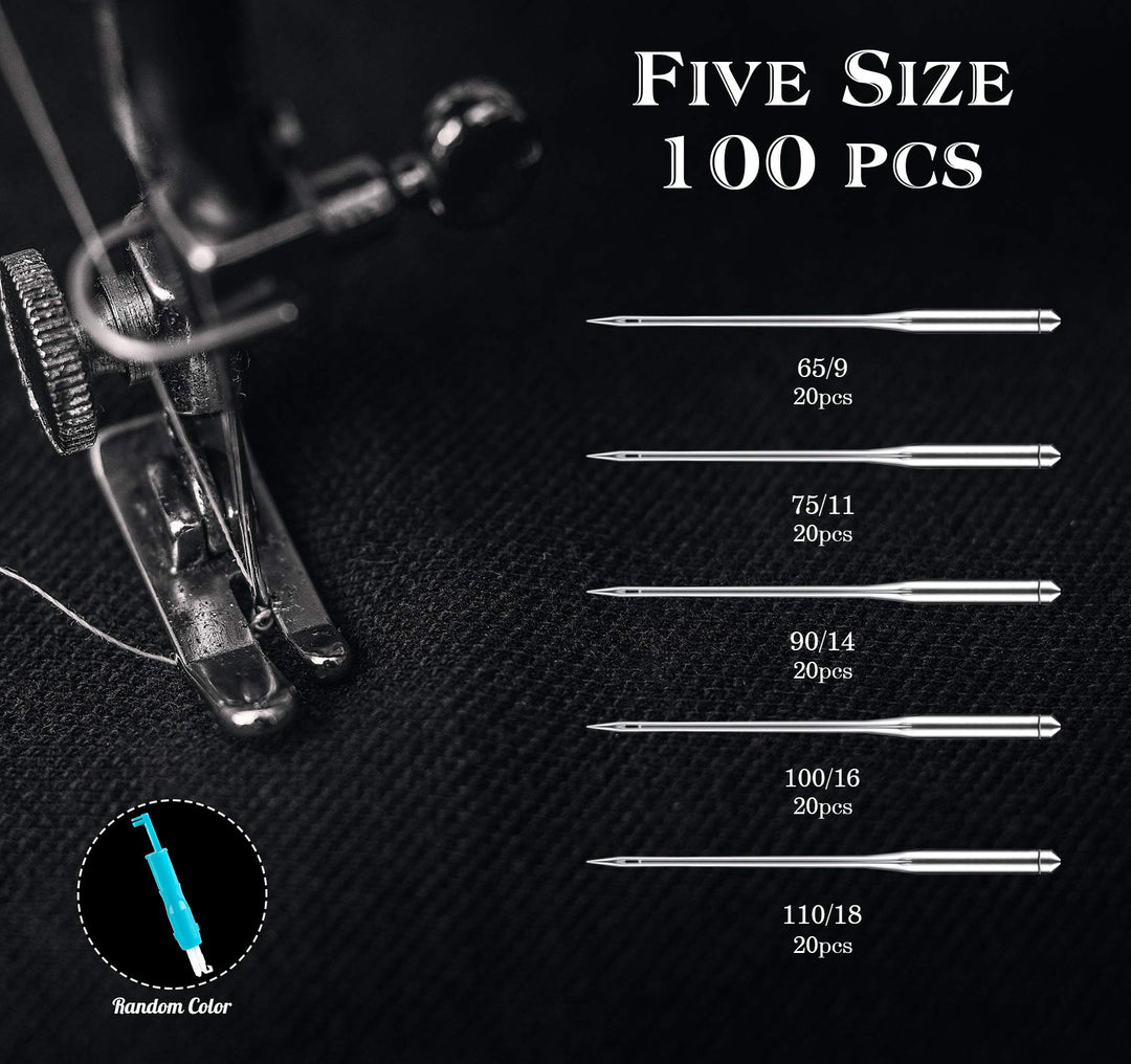 100 PCS Sewing Machine Needles Universal Regular Point Needles for Singer Brother, Assorted Sizes HAX1 65/9, 75/11, 90/14, 100/16, 110/18 (Durable,Universal)