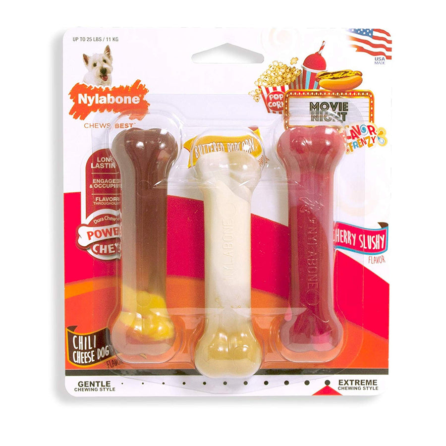 Original Bone Power Chew Toy for Dogs, Durable Dog Toys for Aggressive Chewers, Flavor Frenzy Chili Cheese Dog, Popcorn, & Cherry, Small - Up to 25 Ibs, 3 Pack