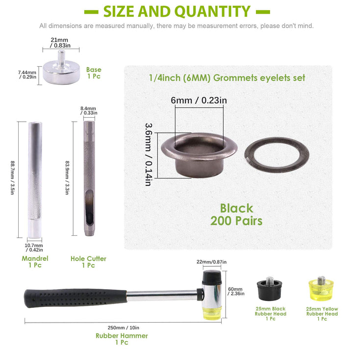 200 Pieces 6MM 1/4 Inch Gun Black Grommets Eyelets with 3Pcs Installation Tools for Fabric, Canvas, Curtain, Clothing, Leather