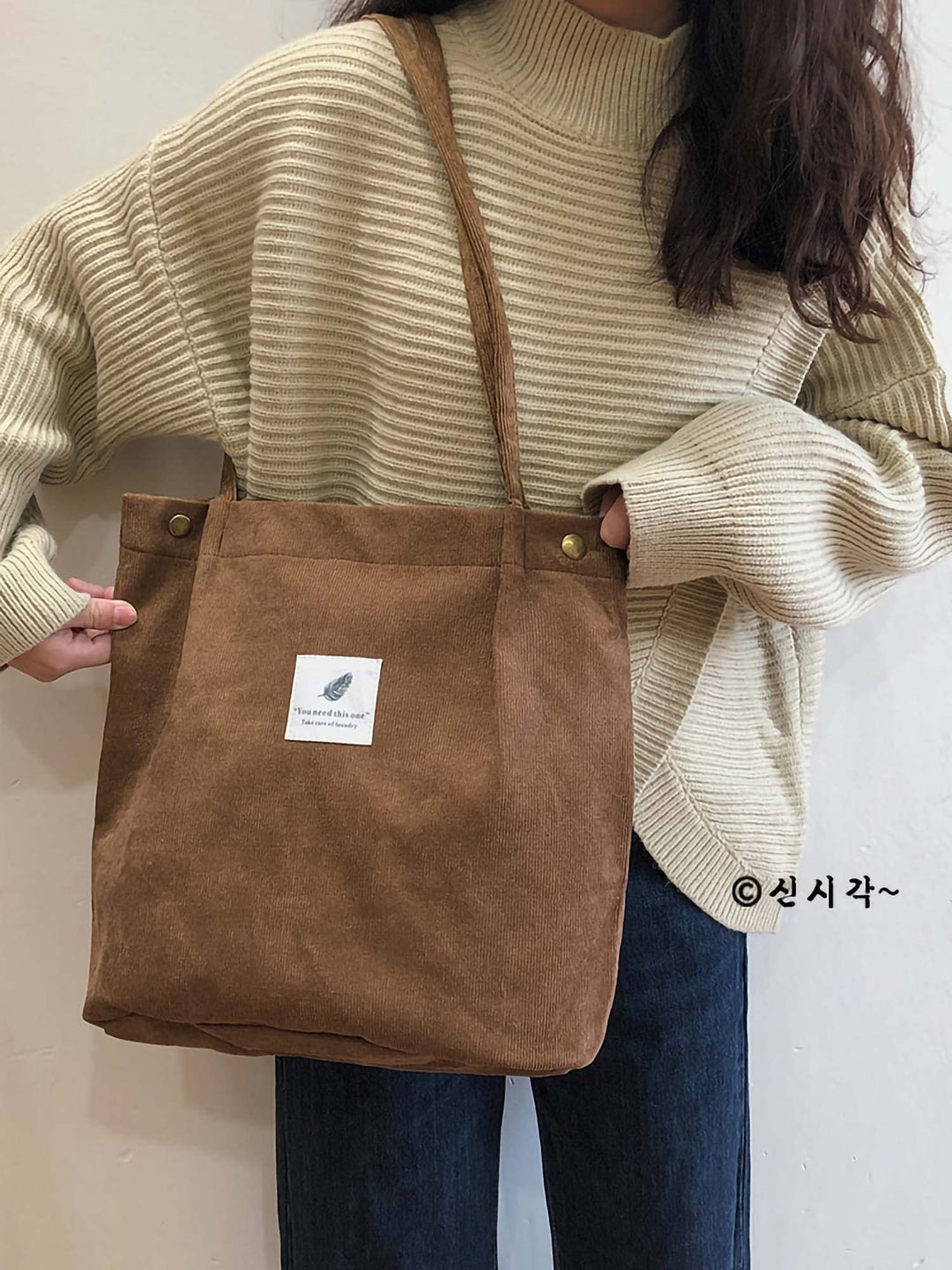 Corduroy Tote Bag for Women Girl Casual Work Canvas Shoulder Handbags Cute Purse Brown