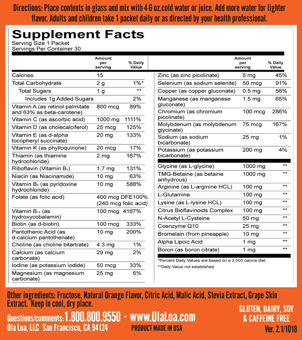 Energy Orange Multi Vitamin Drink Mix - Amino Energy Powder, Gluten Free, Detox, Dairy Free, Caffeine Free - Drink Your Vitamins for The Rigors of Daily Life - 30 Packets (8.25oz)