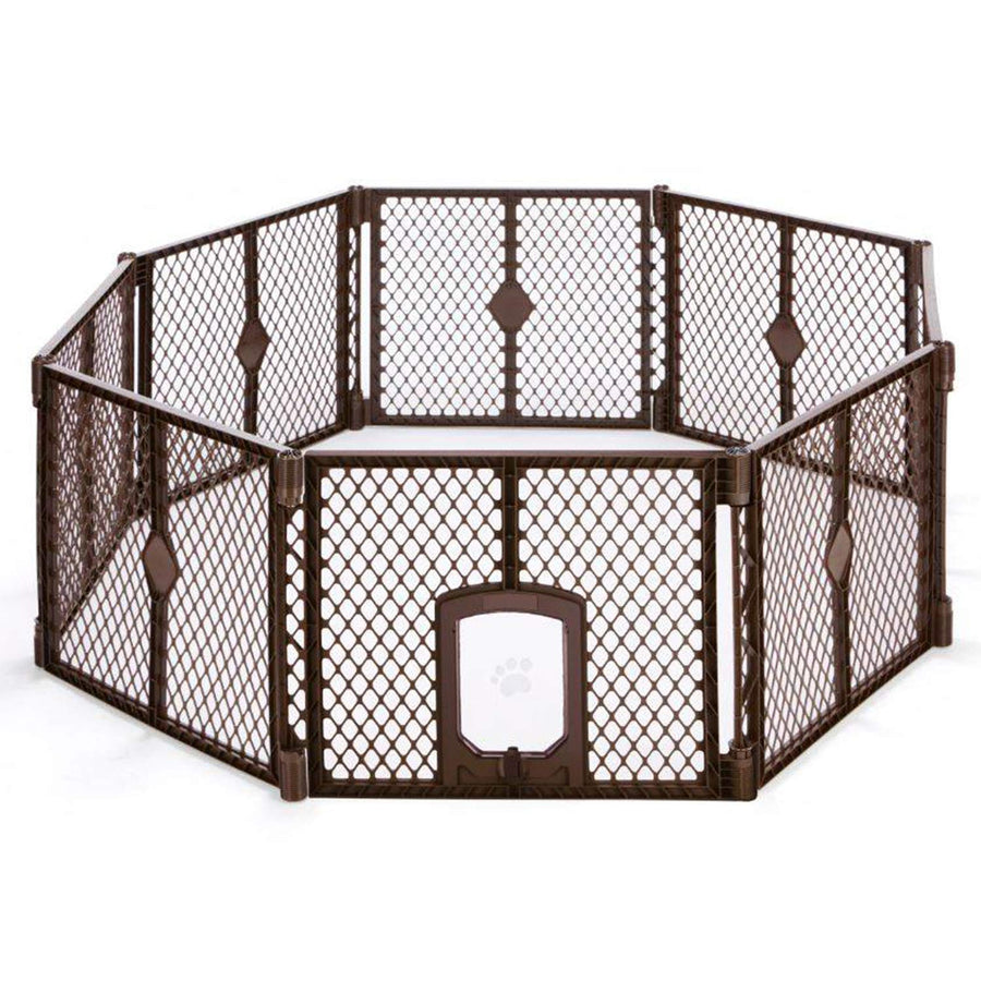 North States MyPet Petyard Passage: 6.5 Ft. Wide Customizable Folding Dog Playpen Indoor/Outdoor. Made in USA. 8-panel Puppy Playpen, Lockable Pet Door. Freestanding Play Pen Dog Gate 26 Tall, Brown