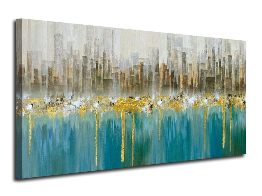 Teal Abstract Cityscape Canvas Wall Art Modern Skyline Gold Textured Painting, Grey Buildings Large Size 40x20 Picture Turquoise Artwork Framed for Living Room Bedroom Home Office Wall Decor