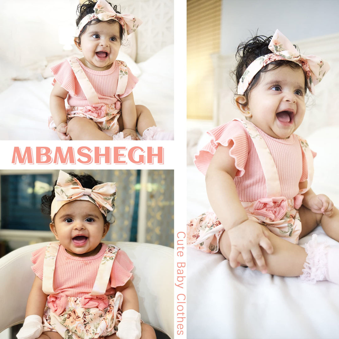 Newborn Baby Girl Clothes Summer Infant Romper Outfit Short Sleeve Suspender Ribbed Shorts Clothing with Headband 0-3 Months