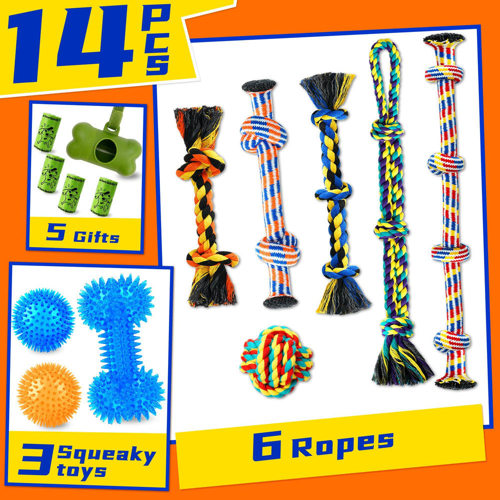 Luxury Tough Dogs Toys for 5-50lbs Dogs -14 Pack Valued Dog Toys for Small,Medium Breed & Large Breed with Interactive Rope Toys,Squeaky Chew Toys for Teething