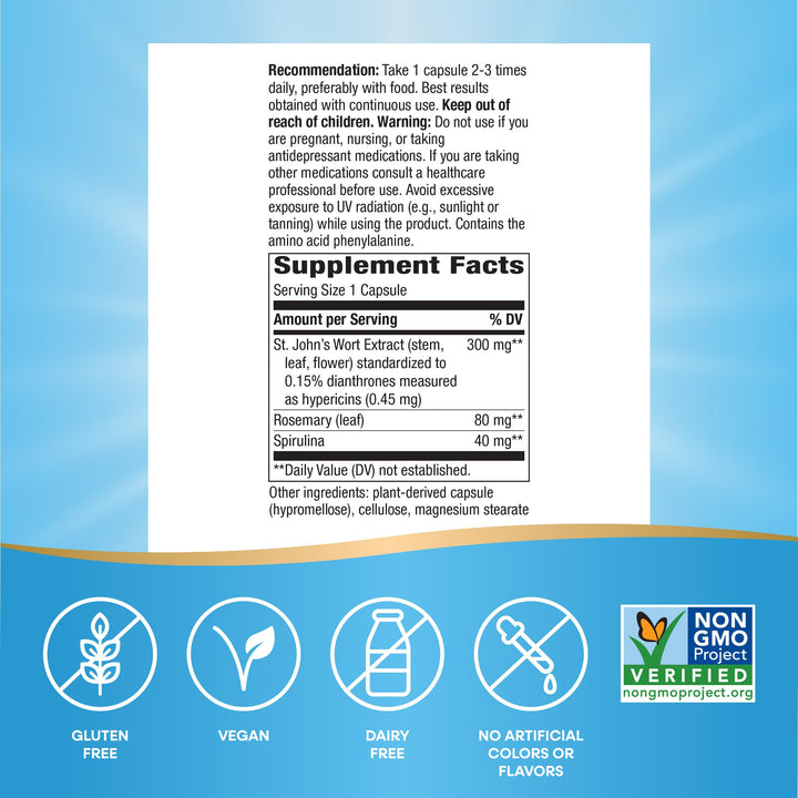 Nature’s Way St. John’s Wort Premium Extract – Promotes a Positive Outlook* - With Rosemary Leaf &amp; Spirulina - Non-GMO Project Verified &amp; Vegan - 90 Capsules