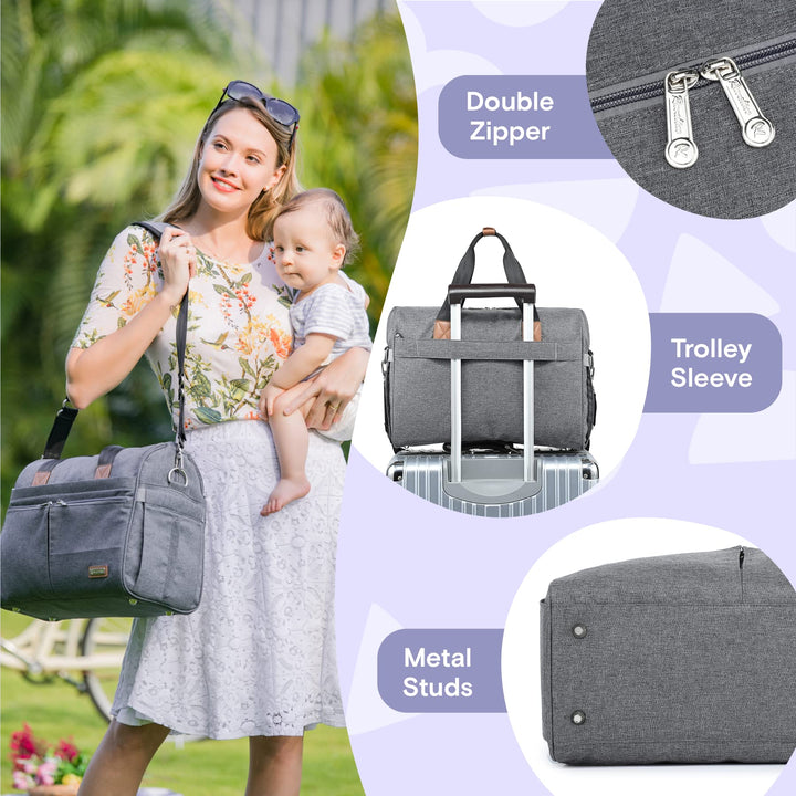 Diaper Bag Tote, Hospital Bags for Labor and Delivery, Multifunction Large Travel Weekender Overnight Bag for Mom and Dad, Convertible Baby Bag for Boy and Girls Gray