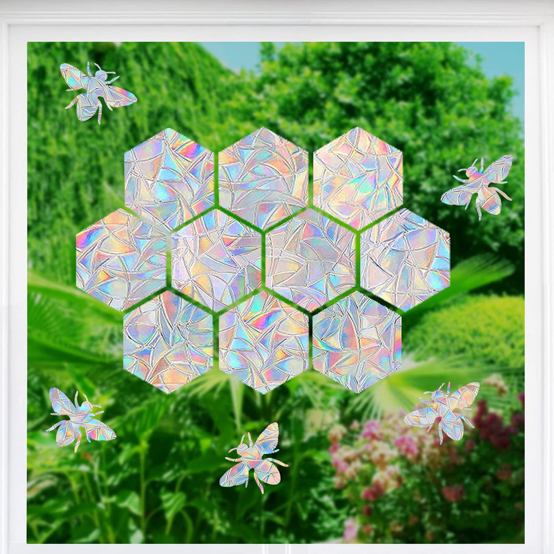 16 Pieces Hexagons and Bee Window Clings - Anti-Collision Window Decals to Save Birds from Window Collisions,Non Adhesive Prismatic Vinyl Window Clings, Rainbow Stickers