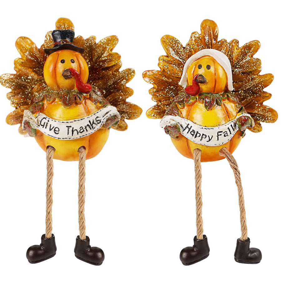 Thanksgiving Turkey Figurines, Set of 2 Resin Turkey Shelf Sitters with Dangling Legs, Give Thanks Happy Fall Harvest Sculpture for Window Sill Kitchen Tabletop Autumn Home Decor