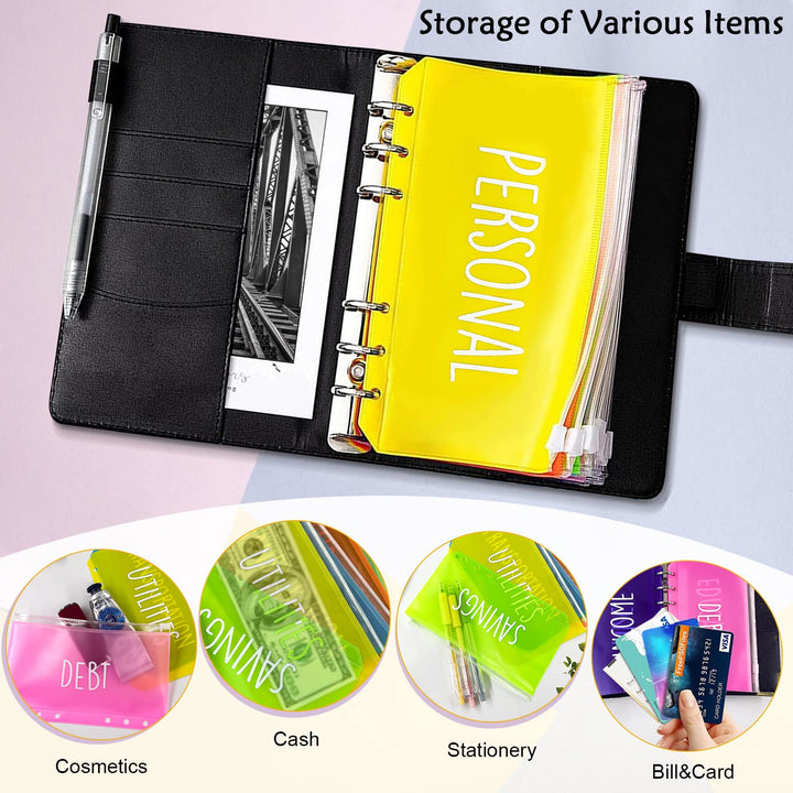 A6 Binder Pockets - 12Pcs Plastic File Folders with 6 Holes, Suitable for Money Organizer, Budgeting, and Document Storage