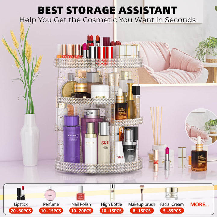 360 Degree Rotating Makeup Organizer, Extra Large Capacity Organizador De Maquillaje, Removable 7 Layers Lipstick Organizer Cosmetic Storage Cases Perfume Organizer for Vanity (Glitter)