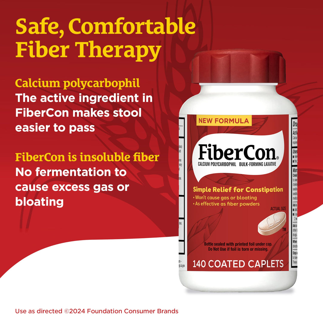 FiberCon Fiber Therapy Coated Caplets, Safe, Simple &amp; Comfortable Insoluble Fiber for Bowel Irregularity, Comfortable Constipation Relief with No Gas or Bloating, 140 Caplets