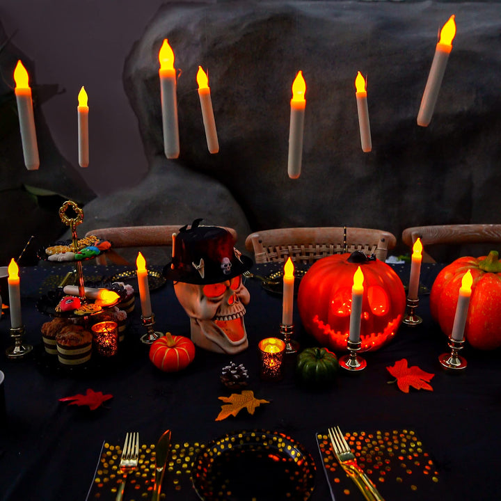24 Pcs Hanging Floating Candles, NO Remote, Flameless Taper Candles Battery Operated, 6.5 Warm Yellow Flickering Flame Candlesticks, Dripless LED Handheld Candles Lights for Halloween Xmas