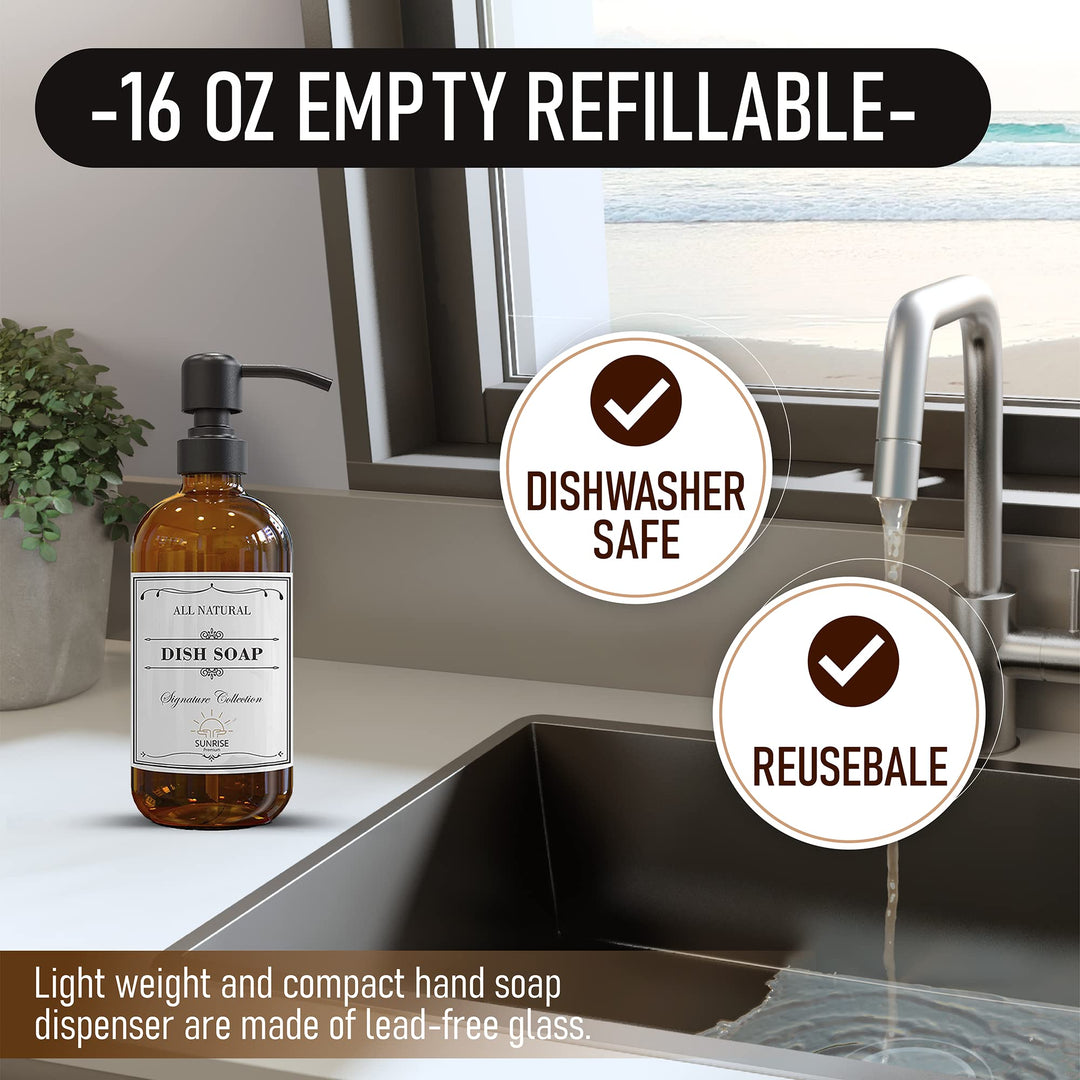 2 Pack Amber Glass Soap Dispenser 16 OZ with Matte Black Stainless Steel Pump, Hand and Dish Soap Dispenser Set for Bathroom and Kitchen Sink with 6 Waterproof Labels
