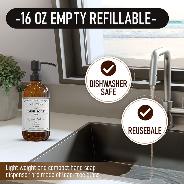 2 Pack Amber Glass Soap Dispenser 16 OZ with Matte Black Stainless Steel Pump, Hand and Dish Soap Dispenser Set for Bathroom and Kitchen Sink with 6 Waterproof Labels