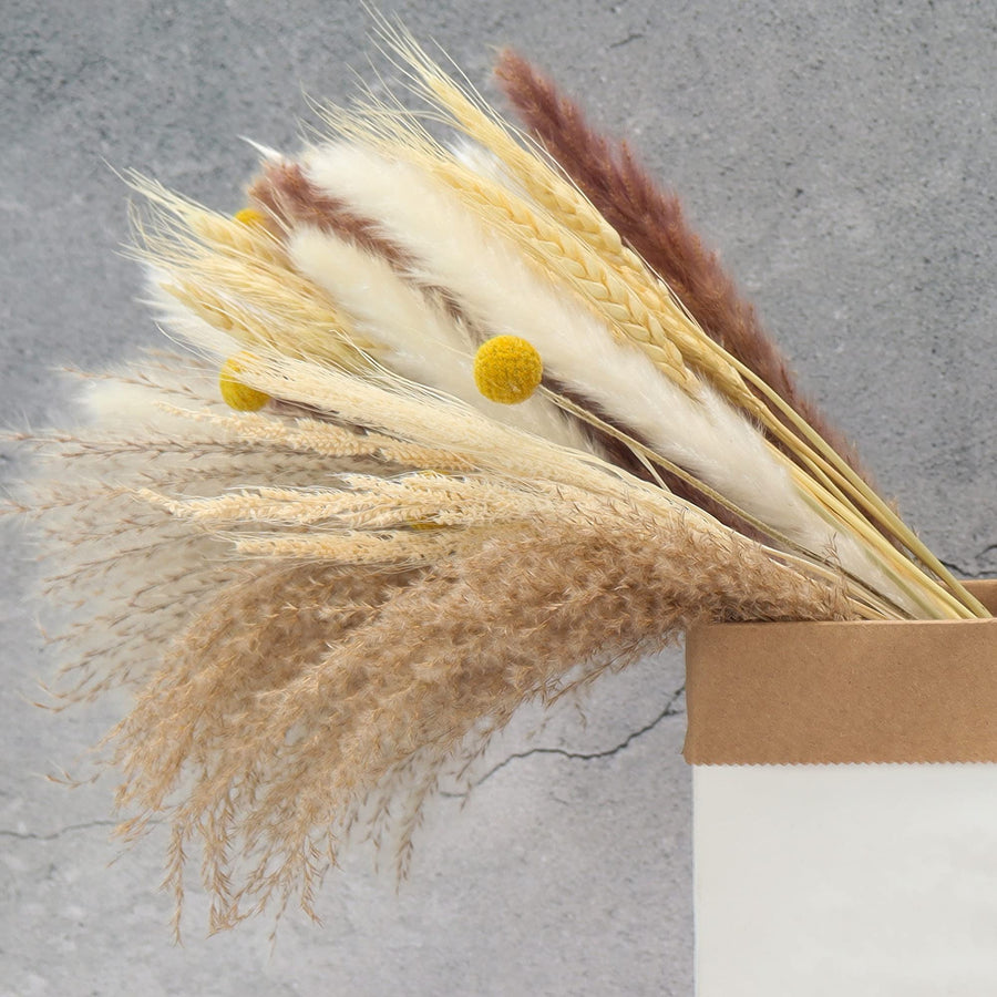 65Pcs Pampas Grass,Large Fluffy Artificial Grass Decor Tall,Non Shedding Boho Natural Dried Pompass Branches,Pampas Plants Faux Reed Flower Stems Bunch for Wedding, Brown, 17 Inch