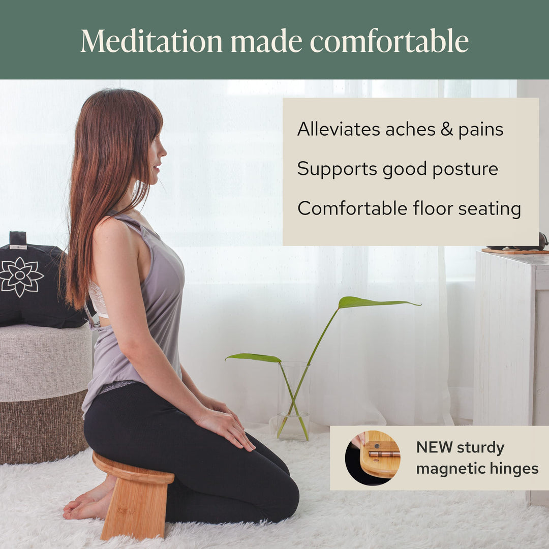 Folding Meditation Bench - Bamboo Kneeling Stool with Locking Magnetic Hinges - Portable Cross Legged Folding Seiza Chair w/Travel Bag