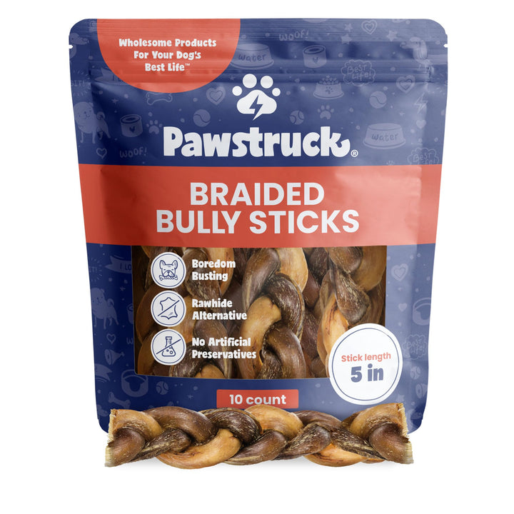 Natural 5” Braided Bully Sticks for Dogs, Tough Long-Lasting, Rawhide-Free, Low Odor, Healthy Single Ingredient Chew Treat for Aggressive Chewers, 10 Count, Packaging May Vary