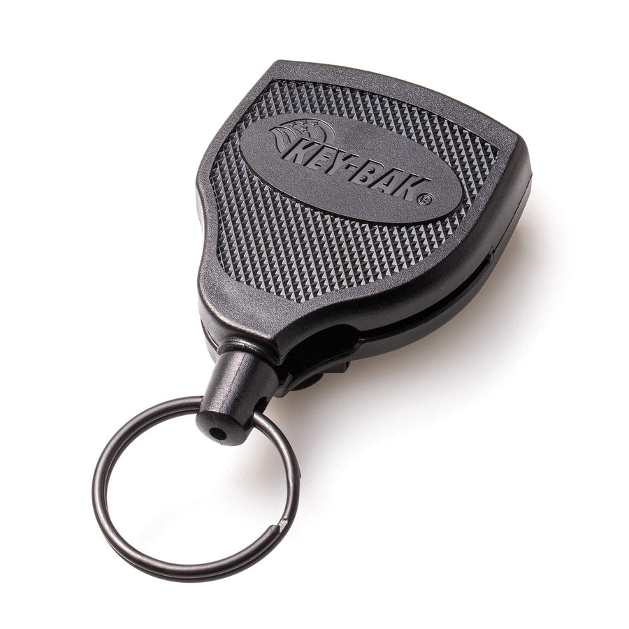 13oz. Locking Retractable Keychain, 36 Retractable Cord, Black Polycarbonate Case, Steel Belt Clip, Oversized Split Ring