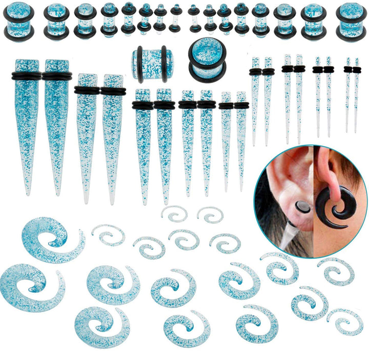 54 units Tapers and Plugs With O Rings Piercings Stretchers Expanders Set With Different Gauges Sizes for Ears Earlobes Stretching in Blue Colors