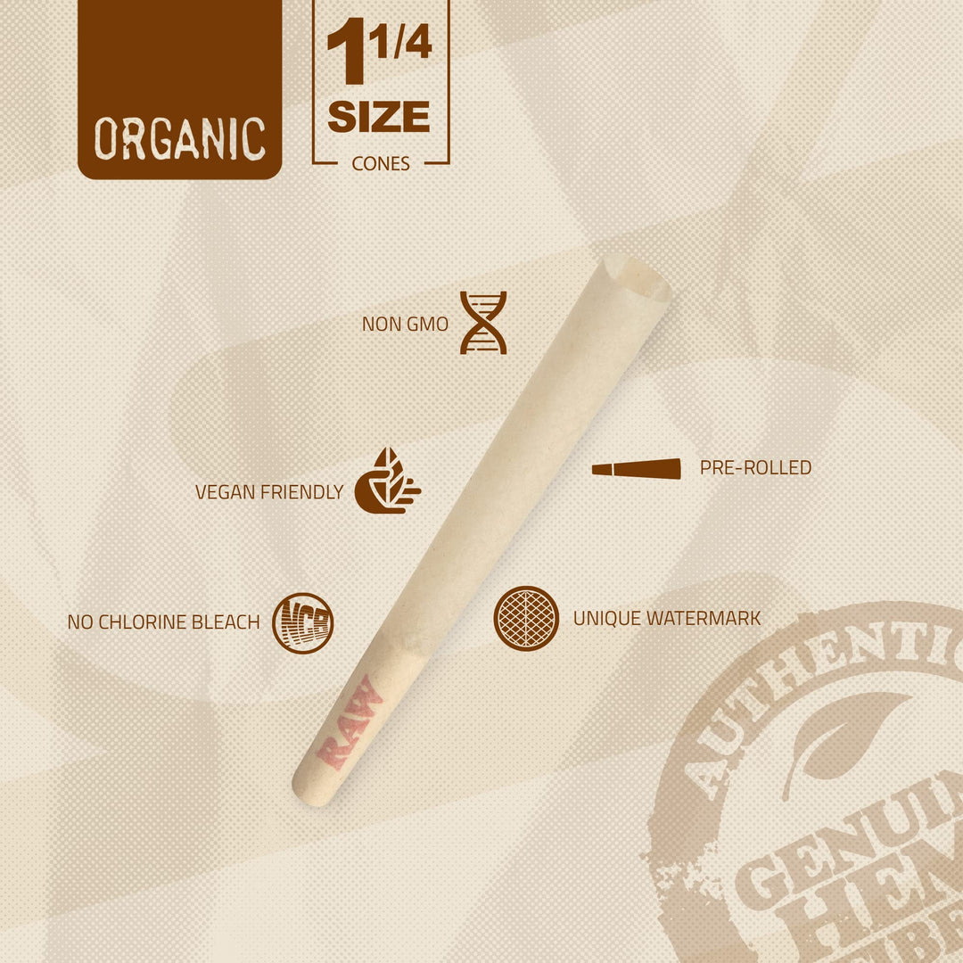 RAW Cones Organic 1-1/4 Size | 100 Pack | Pre Rolled Ro