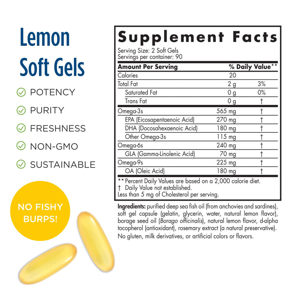 ProEFA 3-6-9, Lemon Flavor - 180 Soft Gels - 565 mg Omega-3 - EPA & DHA with Added GLA - Healthy Skin, Cognition, & Positive Mood - Non-GMO - 90 Servings
