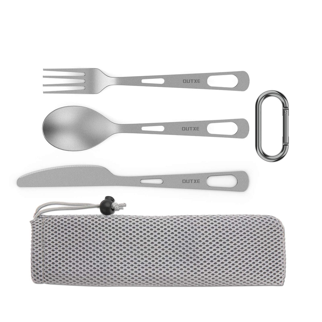 Titanium Flatware Knife Fork Spoon Set Lightweight Ti Camping Utility Cutlery Set with Carrying Bag for Traveling Picnic Hiking