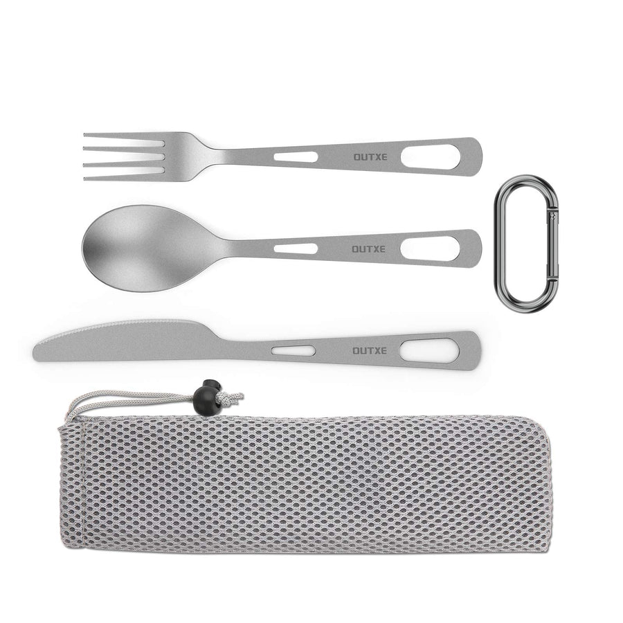 Titanium Flatware Knife Fork Spoon Set Lightweight Ti Camping Utility Cutlery Set with Carrying Bag for Traveling Picnic Hiking