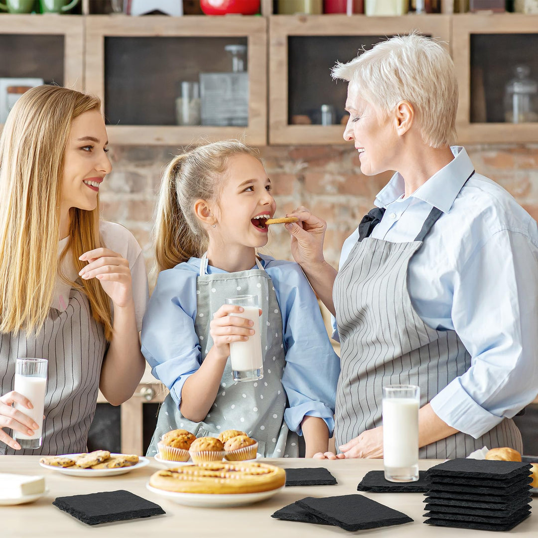 Slate Coasters, 4 Inch Coasters Set 12 Square Rustic Black Stone Coasters Set for Drinks with Anti-Scratch Backing for Halloween, Bar, Kitchen, Housewarming Gifts, Home Decor