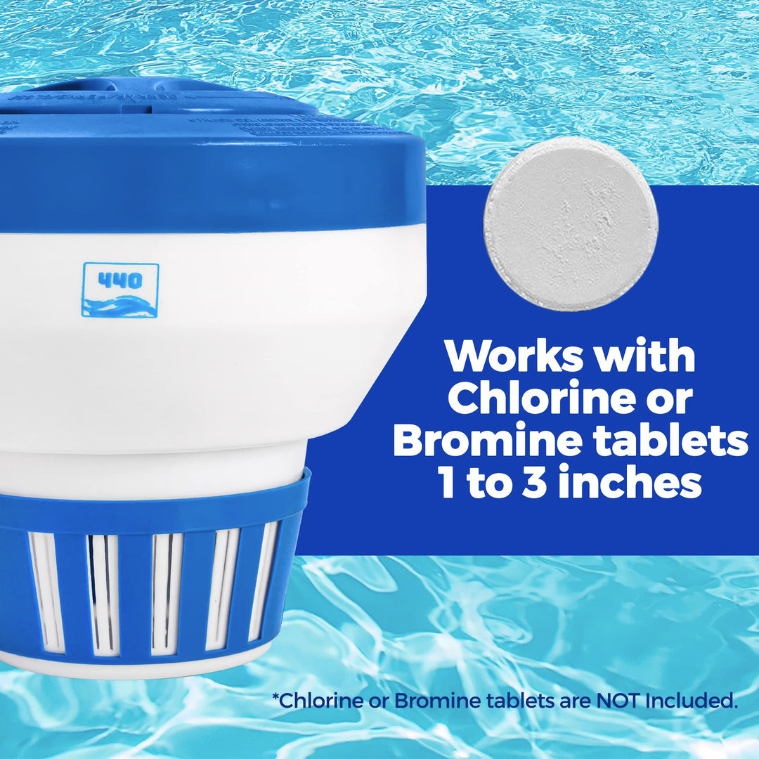 440 Pool Chlorine Floater Dispenser, Fits Up to 5 Pieces of 3-Inch Chlorine Tabs, Adjustable Flow, Control, Heavy-Duty Plastic - Suitable for Small & Large Pools - 9.6 Ounces